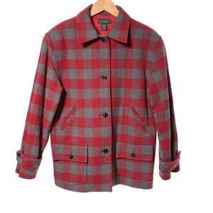 Vtg J Crew Shacket Jacket Car Coat Quilt Lining Red Check Chamois Oversized Sz S
